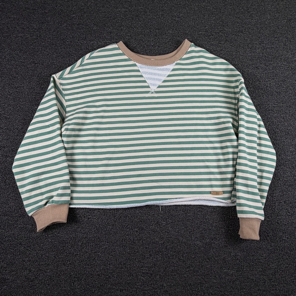 BKE Sweatshirt Womens Medium BT1011 Green Striped Cropped Raw Hem EUC
